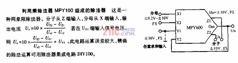 利用<strong>乘法器</strong>MPY100組成的<strong>除法器</strong><strong>電路圖</strong>.gif