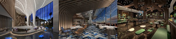 從左至右：常州星河萬麗酒店大堂效果圖、燃餐廳效果圖、逸庭吧效果圖