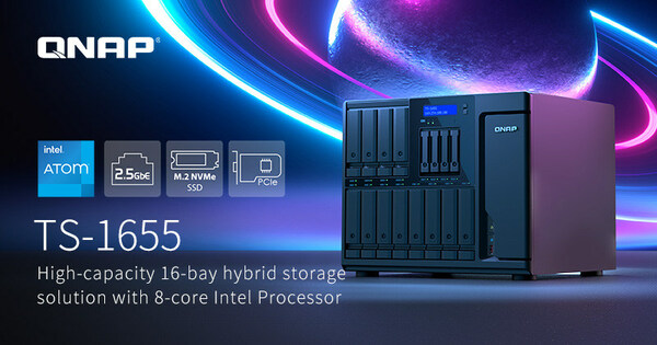 QNAP 大容量混合式存儲方案 TS-1655 2.5GbE NAS，支持八核心高運算力與 Intel QAT 硬件加速引擎，協(xié)助辦公室環(huán)境效率處理跨平臺文件分享、資料備份與還原，以及虛擬機(jī)應(yīng)用。