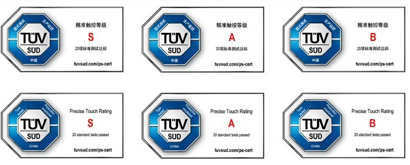 TÜV南德精準觸控認證，分為三個等級：S（最高）、A級、B級