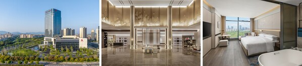 從左至右依次為-紹興上虞萬豪酒店外觀、大堂、大床房